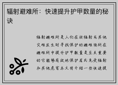 辐射避难所：快速提升护甲数量的秘诀